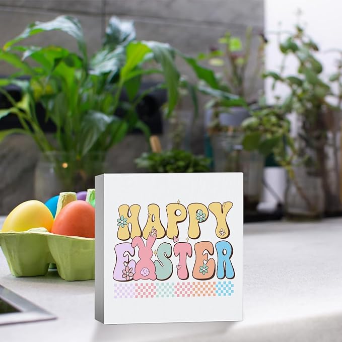 Happy Easter Sign Peeps Decorations Easter Table Decor Spring Decor Wooden Box Sign for Home Office Bedroom Living Room Desk Shelves