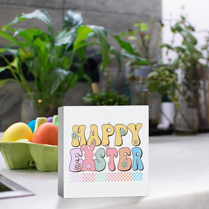 Happy Easter Sign Peeps Decorations Easter Table Decor Spring Decor Wooden Box Sign for Home Office Bedroom Living Room Desk Shelves
