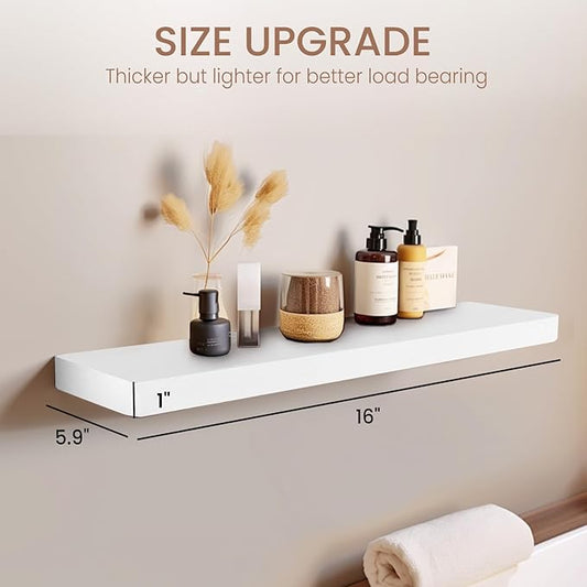 Floating Shelves 16 Inches, Set of 3 Solid Rustic Wood Wall Mounted Shelves (Round Edge), Wall Picture Ledge Shelf with Invisible Metal Brackets for Living Room, Bedroom, Bathroom, White