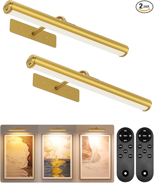 EZVALO Picture Light for Wall, 13in Wireless Rechargeable 4000mAh LED Art Light with Remote, Dimmable 3 Color Temps, Battery Operated Wall Light for Living Room, Bedroom, Gallery (Gold, 2 Pack Set)