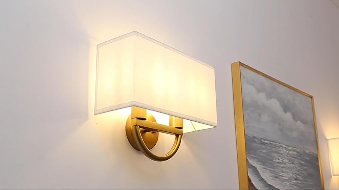 Yosoan White Fabric Cloth Boho Aged Brass Gold Wall Sconce Stairwell Fixture Light, 2-Light Indoor Hardwired Dual Vanity Wall Mount Vintage Antique Metal Base Lights Square Shade for Bedside Hallway