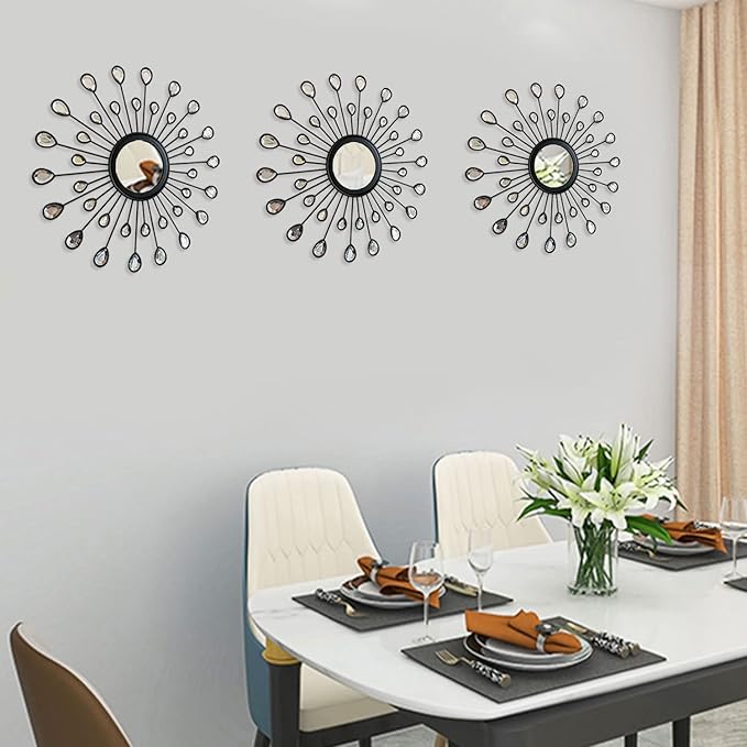 Uaussi 3 Pack Crystal Sunburst Wall Mirror Décor Rhinestone Mirrors Decorative Home Wall Art for Living Room Bedroom Entryway(Drop-Shape Black)