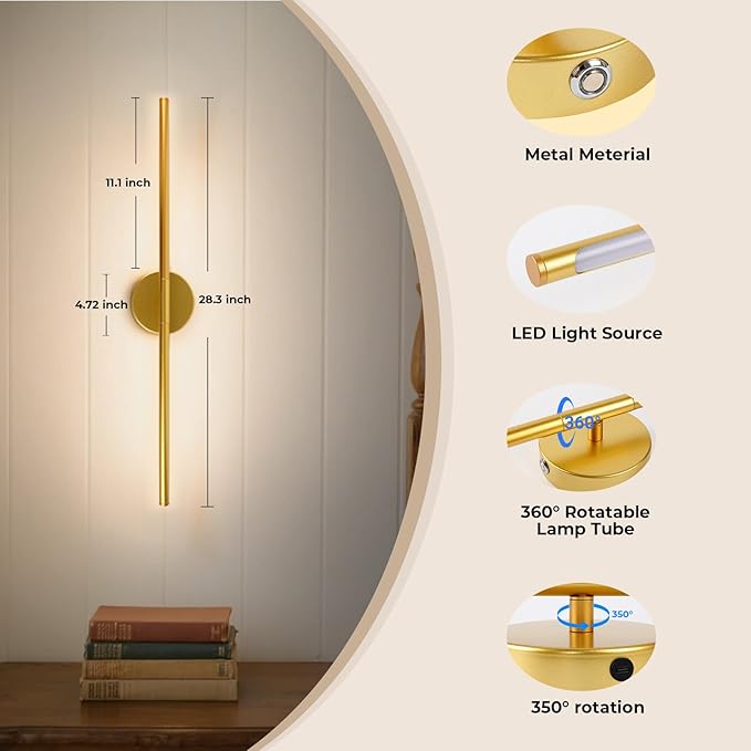 1 Pack Battery Operated Wall Sconce Detachable 360°Rotate, Wireless Wall Light 3000-6500K Dimmable, 10000mAh Rechargeable Wall Lamp for Bedroom, Living Room，28.3 Inch Gold