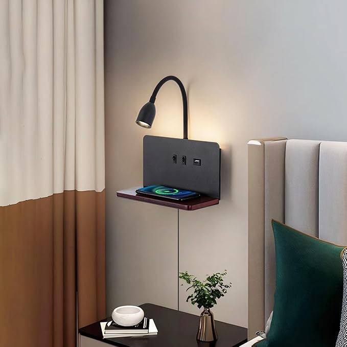 Bedside Wall Sconces with Wireless Charging Station & USB Charging, 3 Adjustable Color Temperatures LED Reading Lamp, 3000K Warm Ambient Lighting Wall Mounted Sconce for Bedroom, Plug-in or Hardwired