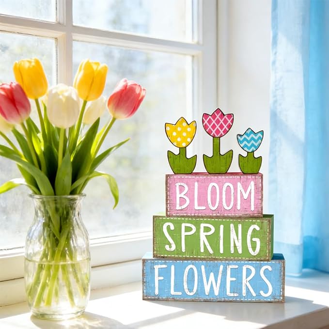 DIYDEC 6Pcs Spring Tabletop Decorations Colorful Tulip Wooden Block Signs Rustic Pastel Flower Tiered Tray Decor Spring Centerpiece Farmhouse Wood Tulip Table Sign for Kitchen Home Office Party Decor