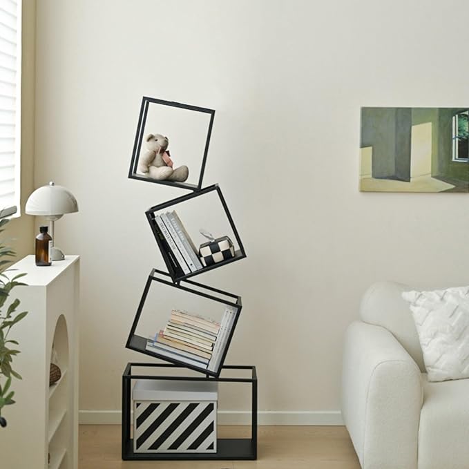 Bookshelf, 4-Tier Geometric Black Bookcase, 49" Tall Modern Corner Bookshelf, Storage Shelves for CDs/Books/Home Decor, Display Shelf for Living Room, Bedroom, Study Room, Nursery Room, Home Office