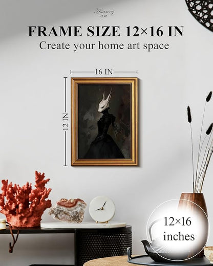 HUARCEY Gold Framed Vintage Wall Art Canvas Prints Gothic Room Decor Vintage Rabbit Lady Wall Decor, Aesthetic Dark Academia Halloween Pictures Oil Painting Goth Decorations 12x16in