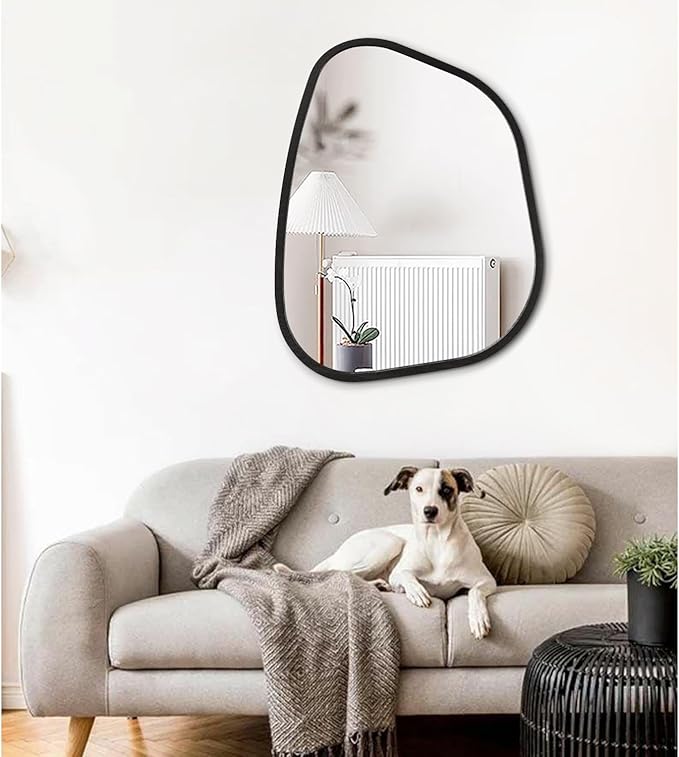Irregular Bathroom Mirror Modern Oval Wall Mirror Asymmetrical Wooden Framed Wall Mirror Unique Shape Wall Mounted Vanity Artistic Mirror Decor for Living Room Bedroom Entryway Large 26