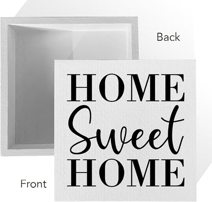 Home Sweet Home Rustic Farmhouse Style Wood Sign Art 5 x 5 Inch Wooden Box Plaque for Living Room Desk Décor Gift