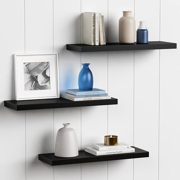 Forbena 24 Inch Long Black Floating Shelves for Wall, Large Wall Shelves for Living Room Decor Bedroom Books, Invisible Wall Mounted Shelves for Bathroom Office Closet TV Shoes - Set of 3