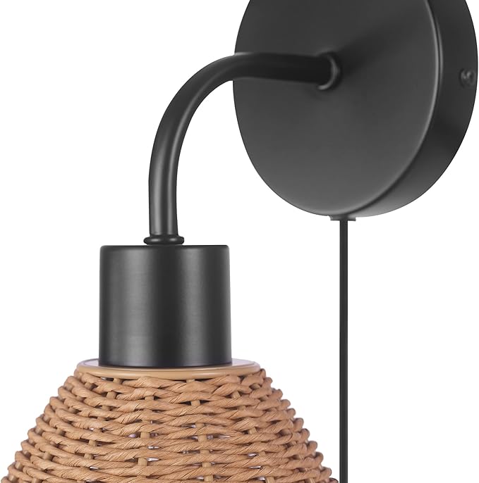 Globe Electric 65933 1-Light Plug-in or Hardwire Wall Sconce, Matte Black, Rattan Shade, 6ft Black Braided Fabric Designer Cord, in-Line On/Off Rocker Switch