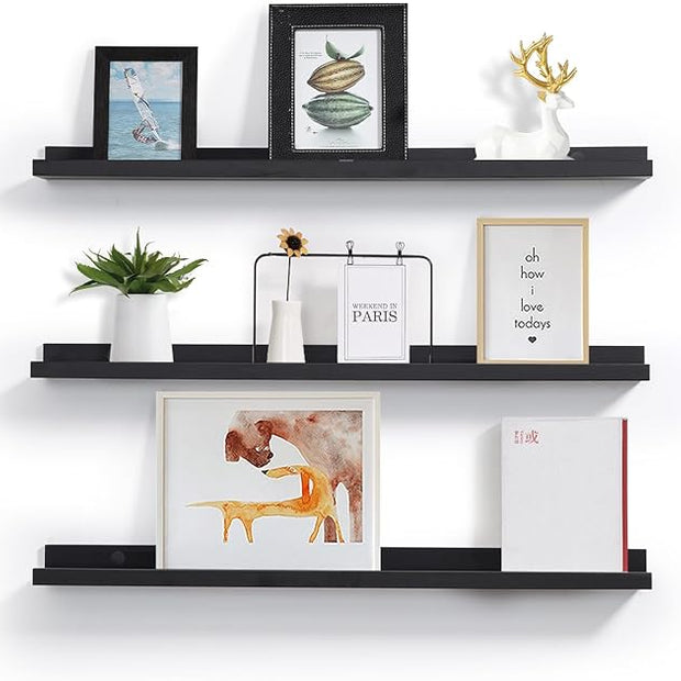 MBYD 36 Inch Picture Ledge Shelf with Lip Modern Black Floating Photo Shelves Natural Wood Set of 3 Same Sizes Frames Albums Display Shelf for Bedroom Bathroom Living Room Kitchen