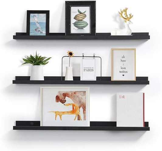 MBYD 48 Inch Long Dark Black Floating Photo Shelves with Lip, Picture Ledge Shelf Set of 3 Same Sizes, Wall Mounted Wooden Shelf for Bedroom Bathroom Kitchen Bathroom Living Room