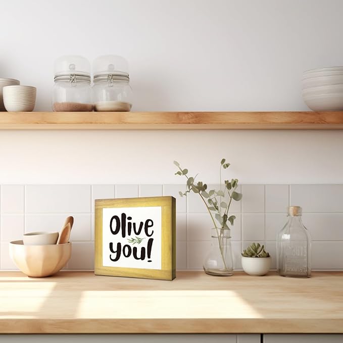 Olive You Signs, Home Kitchen Decor, Box Sign Wood Desk Sign Decors, Cute Kitchen Decor for Shelf, Olive Branch Sign, Farmhouse Decors, Home Bar Decor A