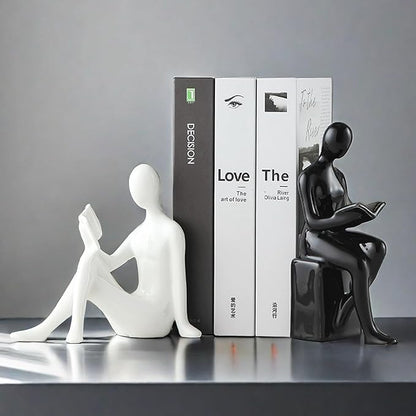 Home Decorative Reading Couple Statue Bookends Elegant Ceramic Bookshelf Room Office Desk Decor,Paper Weights, Book Ends,Bookend Supports, Book Stoppers, Set of 2 (Black and White)