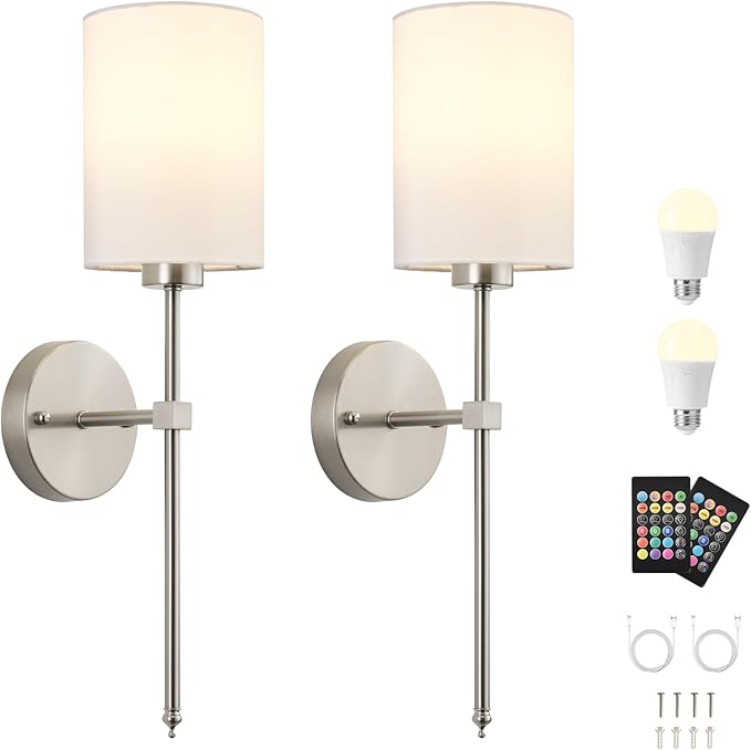 Battery Operated Wall Sconces Set of Two,Wireless Rechargeable Wall Light With Remote Control, Dimmable, Amber Light/Warm White/Natural White/Daylight/RGB,Timer,for Living Room,Bedroom,Entryway,Nickel