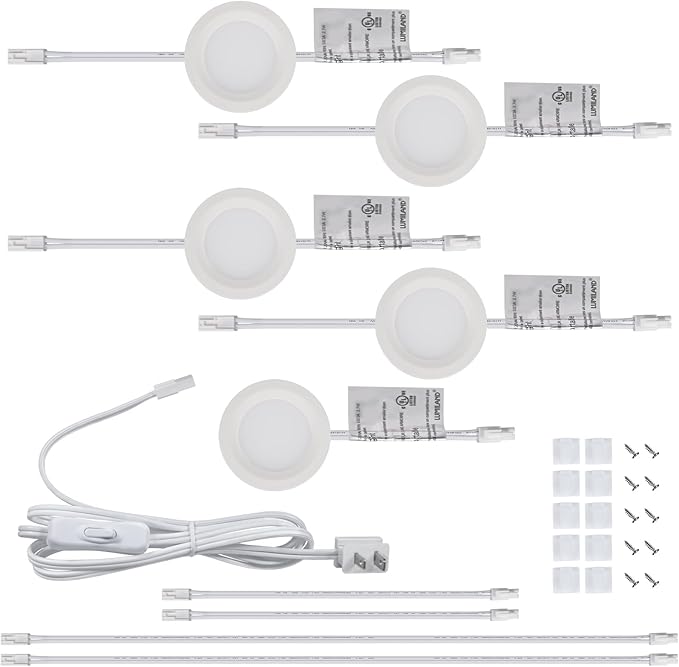 LUMILAND Wired LED Puck Lights 120V (2.7Wx5) Plug-in Lighting Warm White, LED Cabinet Light for Kitchen Can Be Surface Mount or Recess Mount, White
