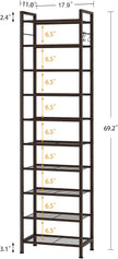usikey 10 Tiers Narrow Shoe Rack 20-30 Pairs, Sturdy Metal Tall Shoe Rack Shelf with 4 Hooks, Slim Shoe Storage with Metal Shelf, Space Saving Vertical Shoe Organizer for Entryway Bronze UNYXJX018A