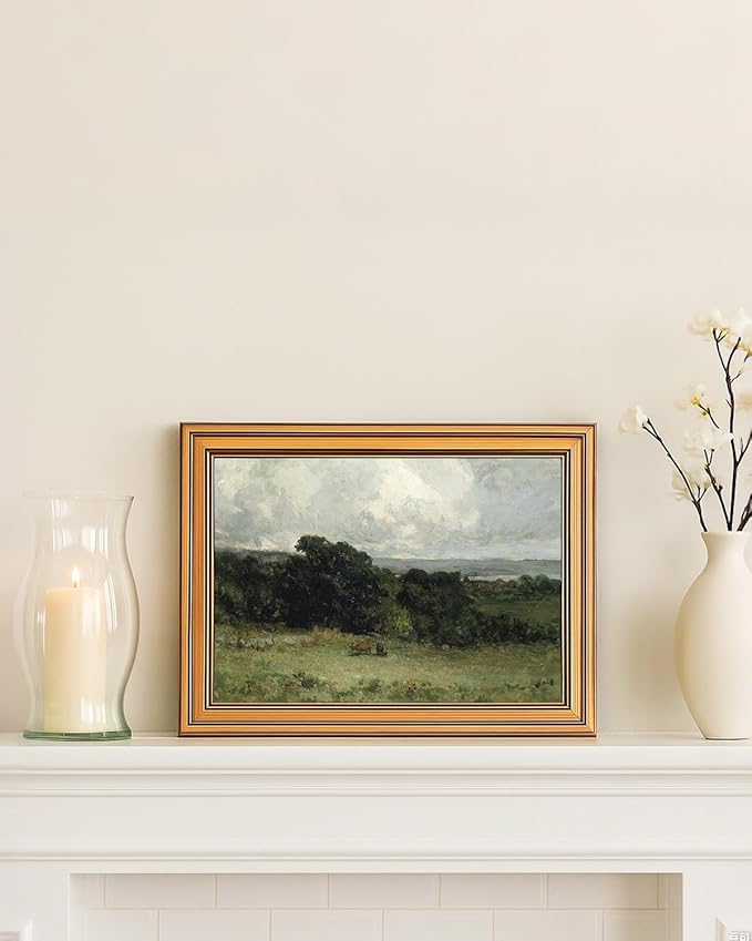 VIYYIEA Gold Framed Canvas Art Prints,12x16Inch, Pastoral Landscape Art Painting, Rustic Vintage Decor for Bedroom Living Room shelf, Farmhouse Country Retro Field Picture