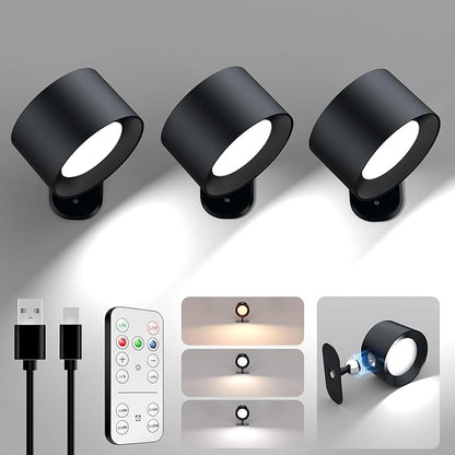AOMEES Wall Lights Battery Operated Wall Sconce, 3 Color Temperatures & 3 Brightness Levels & Remote and Touch 360°Rotation, Mounted Cordless Lamp Magnetic Rechargeable Led Lights for Bedroom 3pcs