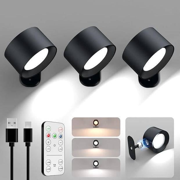 AOMEES Wall Lights Battery Operated Wall Sconce, 3 Color Temperatures & 3 Brightness Levels & Remote and Touch 360°Rotation, Mounted Cordless Lamp Magnetic Rechargeable Led Lights for Bedroom 3pcs