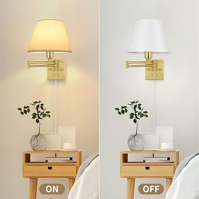 TRLIFE Wall Sconce Plug in, Brushed Brass Dimmable Wall Sconces Set of 2 Swing Arm Wall Lights with Plug in Cord and Dimmer On/Off Knob Switch, 9.4
