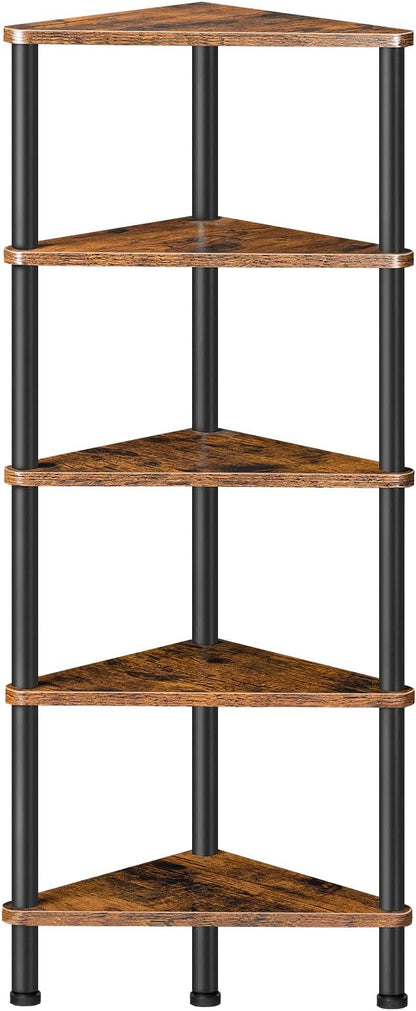 HOOBRO Corner Shelf Stand, Industrial 5-Tier Corner Bookshelf with Metal Frame, Plant Display Shelf, Small Bookcase for Small Spaces, Bedroom, Living Room, Rustic Brown BF33CJ01