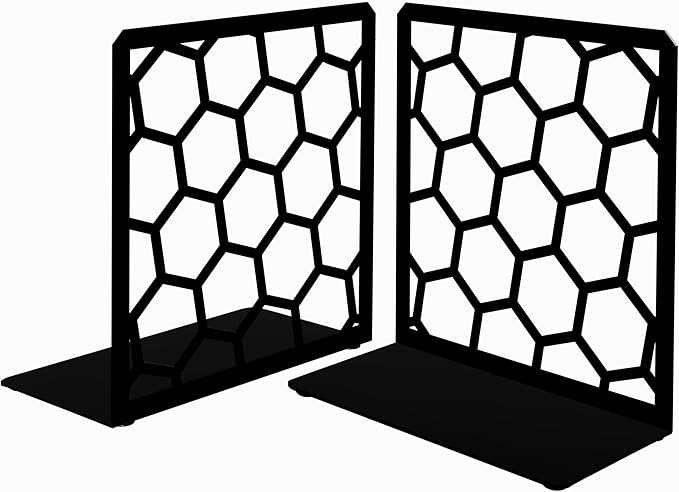 GEOMOD Geometric Honeycomb Black Metal Bookends Decorative - Tall Sturdy Book Ends for Shelves - Modern Heavy Duty Bookend Stopper - Office or Home Book Shelf Book Holder - 6x3.25x6.25 Inches - 1 Pair