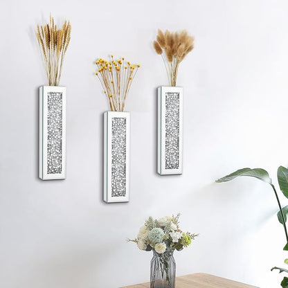 Silver wall Decor Mirrored Vase Set of 3,Crystal Crush Diamond Flower Vase,Stunning Decorative Glass Hanging Planter & Container for Home Wall Decor.Befit for Faux Plants.Can't Hold Water.