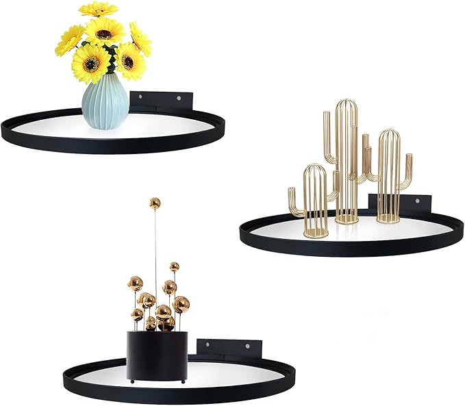 Cityelf Floating Shelves Wall Mounted Wall Decor Iron Glass Hanging Shelf Home Decor Set of 3 Display Ledge Shelves for Living Room Bedroom Office-Black