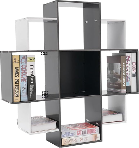 3-Tiers Wall Mounted Geometric Bookshelf, Morden Irregular Nine-Grid Bookshelf, 90cm Tall Decorative Display Shelf (White+Black)