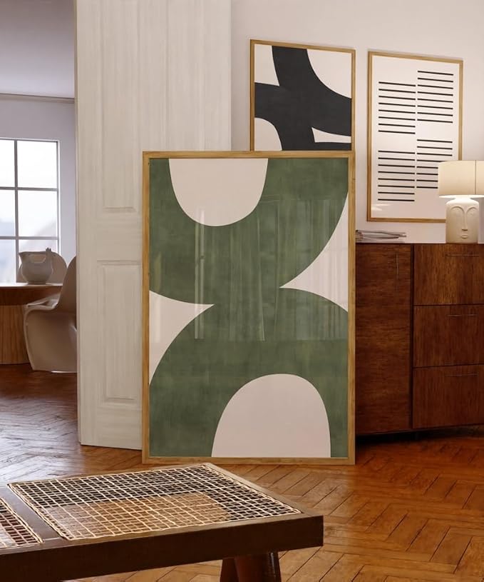 Nationcog Mid-Century Green Organic Lines Art, Modern Minimalist Wall Decor, Bold Beige Tones Contemporary Home Accent, Aesthetic Trendy Design (Unframed) (16x24)