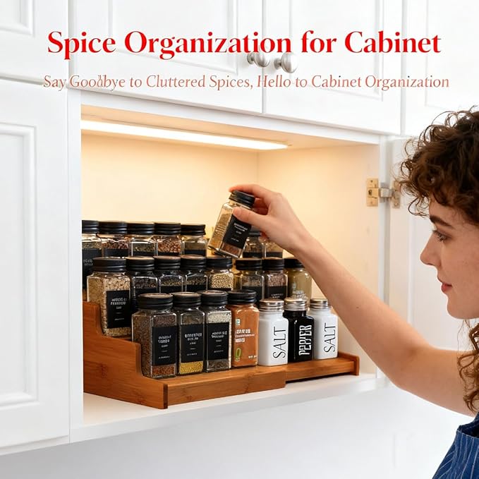 JinDoWin Spice Organization for Cabinet, Cabinet Spice Organizer, 3-Tier Spice Rack Organizer for Cabinet, Multi-Use Seasoning Organizer & Seasoning Rack (2, Dark Bamboo)