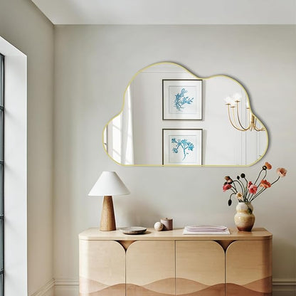 POZINO Gold Irregular Mirror, 33.5"x20.5" Cloud Shaped Mirrors, Asymmetrical Wall Mirror, Abstract Funky Frameless Mirrors for Living Room Bathroom Bedroom Entryway Fireplace