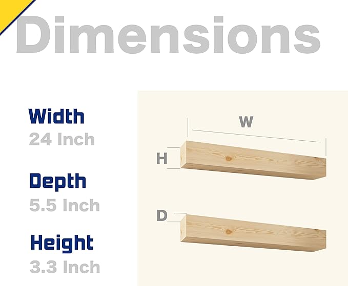 Wall Floating Shelves, Rustic Wood Shelf for Wall Mounted - Wooden Handmade Shelves for Bathroom Kitchen Livingroom - No Stain - DIY(Unfinished, 24 Inch - 2 Pack)
