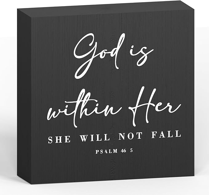 God Is Within Her Bible Verse Artwork Black Wood Box Sign Rustic Farmhouse Style Psalm 46 : 5 Christian Wood Block Plaque 5 X 5 Inches Home Office Desk Sign Decor for Presents