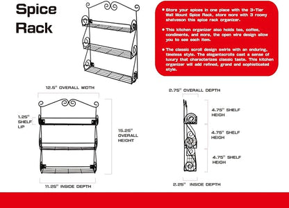 FitWell Scroll Wall Mount Spice Rack, 3-Tier, Traditional Spice Rack Cabinet & Kitchen, Beauty & Nail Polish Organizer for Bathroom, Scroll Wall-Mounted (Black)