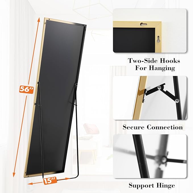 OLIXIS Full Length Mirror 59"x16.5" for Bedroom, Full Body Mirror with Stand, Hanging or Leaning for Wall, Aluminum Alloy Thin Frame Floor Standing for Living Room, Long, Gold