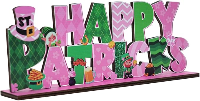 St Patricks Day Decor for Table Happy St Patrick's Day Decoration Wooden Centerpieces Rustic Farmhouse Sign for Tabletop Home Shelf Office St Patricks Day Party Decoration Pink