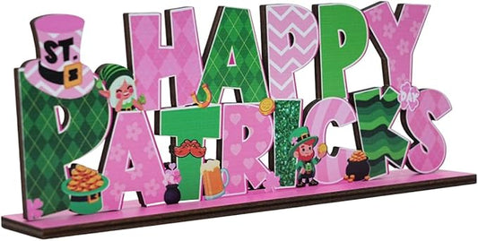 St Patricks Day Decor for Table Happy St Patrick's Day Decoration Wooden Centerpieces Rustic Farmhouse Sign for Tabletop Home Shelf Office St Patricks Day Party Decoration Pink