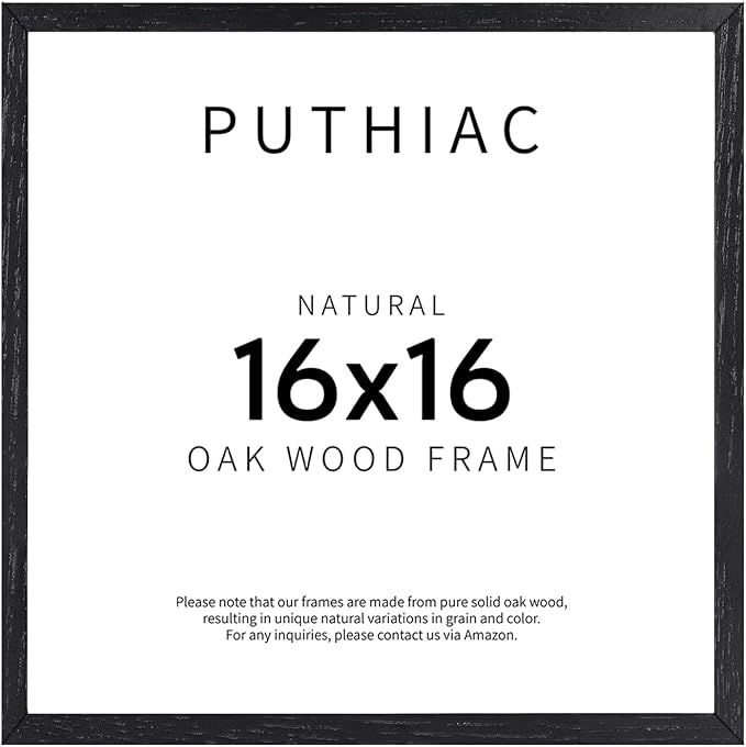 puthiac 16x16 Solid Oak Wood Picture Frame, Fits 12x12 with Mat or 16x16 Without Mat, Wall Display Only, Plexi Front, 1 Pack, Black
