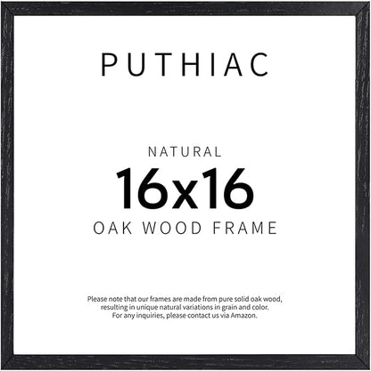 puthiac 16x16 Solid Oak Wood Picture Frame, Fits 12x12 with Mat or 16x16 Without Mat, Wall Display Only, Plexi Front, 1 Pack, Black