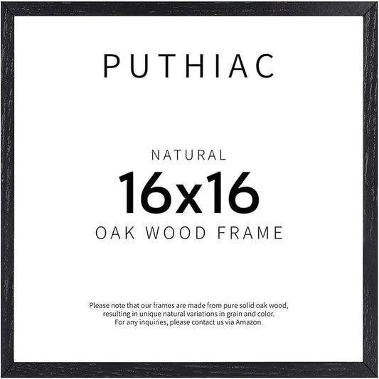 puthiac 16x16 Solid Oak Wood Picture Frame, Fits 12x12 with Mat or 16x16 Without Mat, Wall Display Only, Plexi Front, 1 Pack, Black