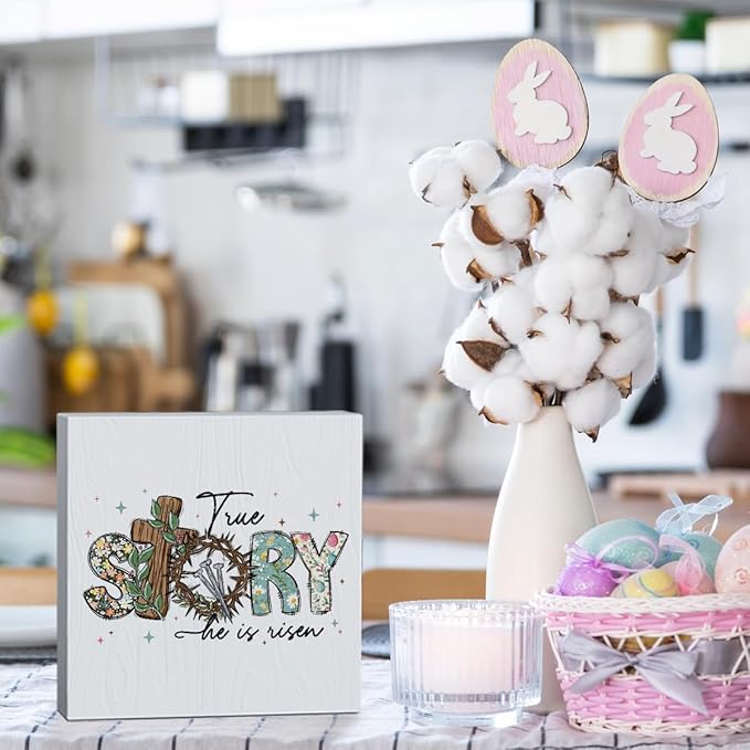 He Is Risen Sign Easter Religious Decorations Christian Easter Decor Spring Decor Wooden Box Sign for Home Office Bedroom Living Room Desk Shelves