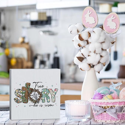 He Is Risen Sign Easter Religious Decorations Christian Easter Decor Spring Decor Wooden Box Sign for Home Office Bedroom Living Room Desk Shelves
