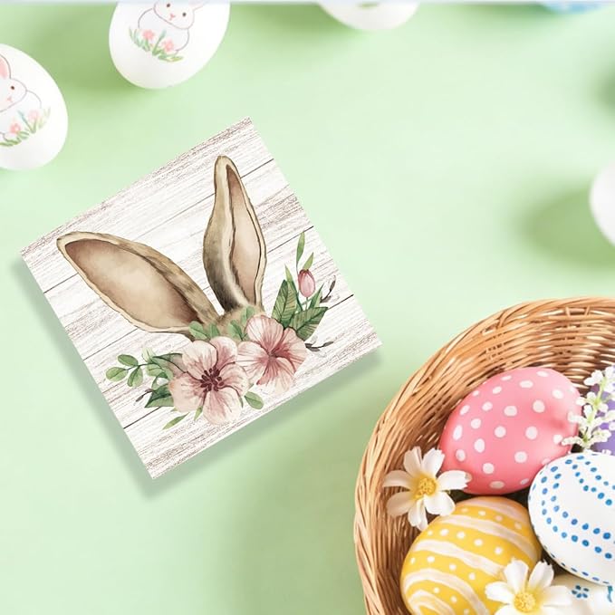 Funny Easter Sign Easter Bunny Decor Decorations Bunny Spring Flower Table Decor Indoor for Home Office Desk Table Shelf Tiered Tray Decorations 5 X 5 Inch
