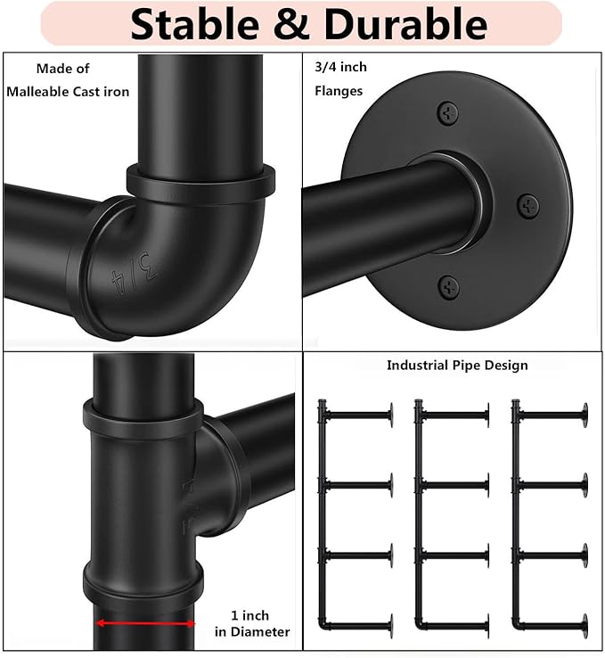 Industrial Pipe Shelf Brackets Wall Mount, Open Black Pipe Shelving for Kitchen,Floating Shelf Brackets Mount,Open Bookshelf Brackets for Shelves,Wall Shelves 12 Inch Deep,(2PcsX3Tier,47
