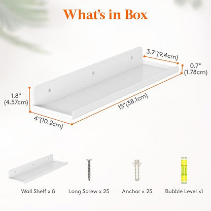 Lifewit Floating Shelves for Bathroom, 15" Clear Wall Organizer for Makeup, Perfume, Figures, Photo, Decor Shelf for Nursery, Living Room, Bedroom, Kitchen, Over Toilet Storage Rack, White, 8 Pack