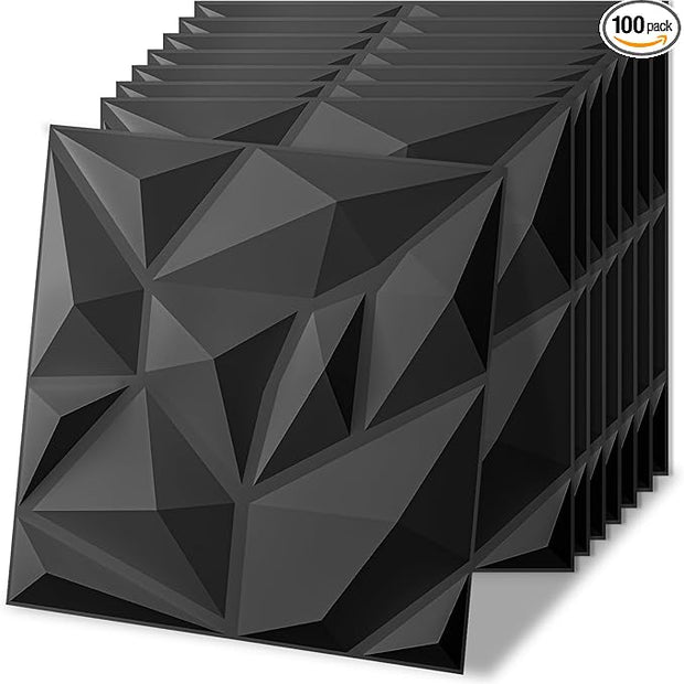 Art3d 100 Pack Decorative 3D Wall Panels, 97 Sq.Feet PVC Interior Wall Décor, 11.8"x11.8", Black