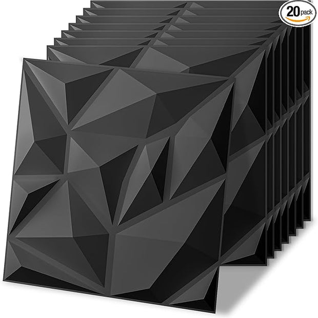 Art3d 20 Pack Decorative 3D Wall Panels for Interior Wall Decor Living Room, 11.8"x11.8" Black Wall Art PVC Panels for Bedroom TV Background Gaming Room Decor